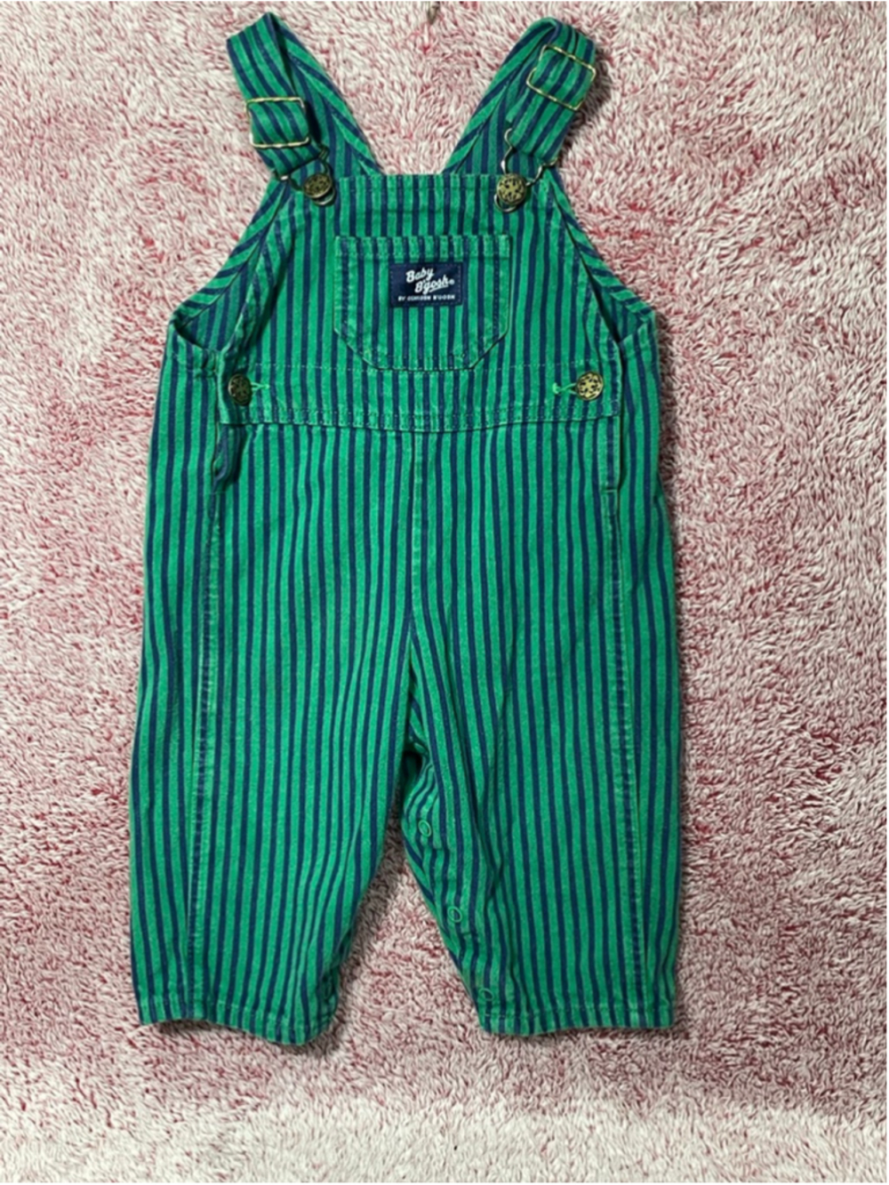 Boys vintage OshKosh B'gosh conductor Overalls 12 Months Green Navy Blue Striped